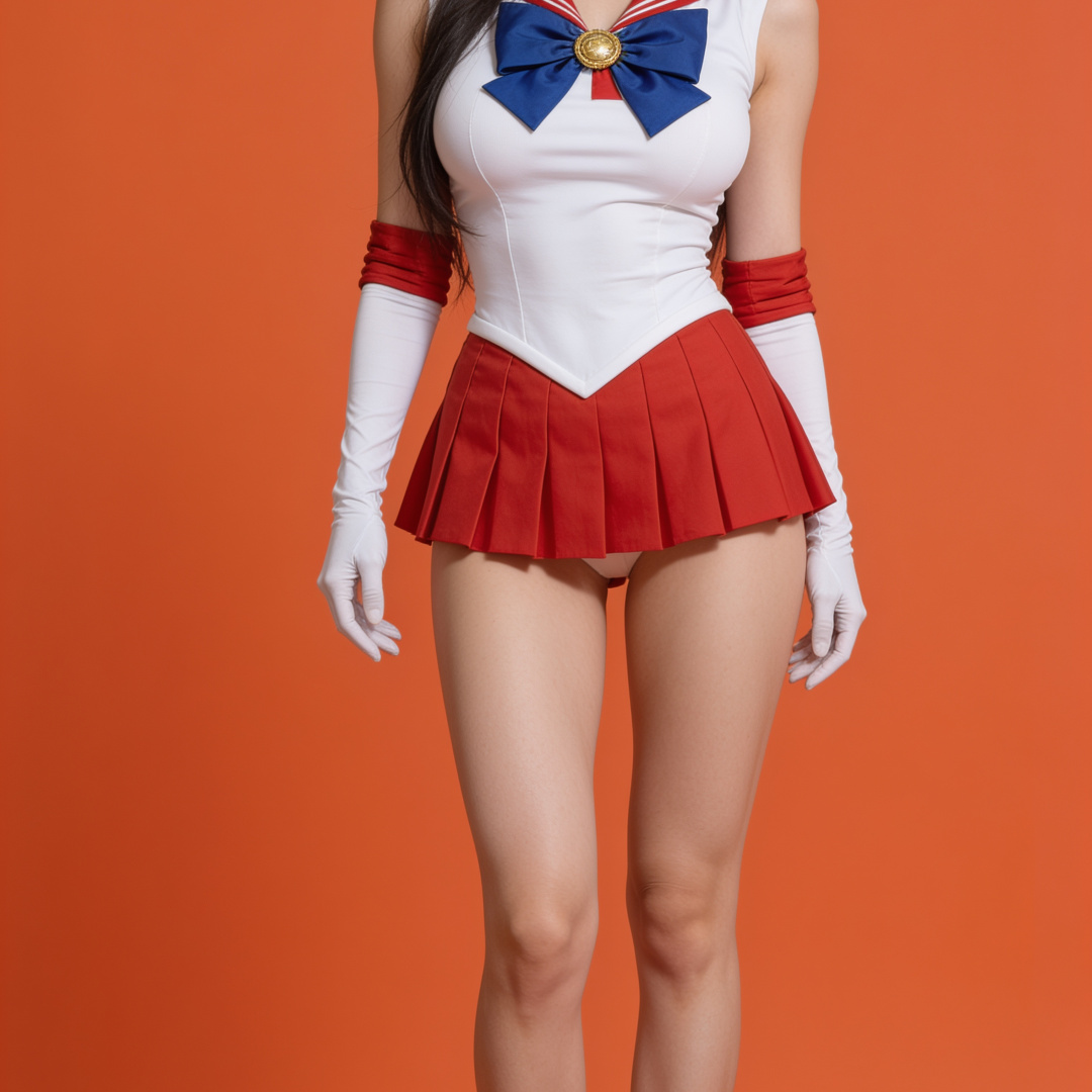 A person in a character costume with a red skirt and blue bow against an orange background.