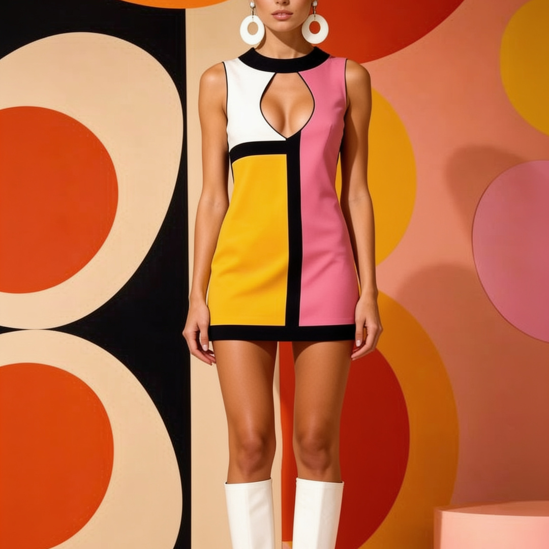 Model wearing a colorful dress with white knee-high boots in front of a colorful backdrop.