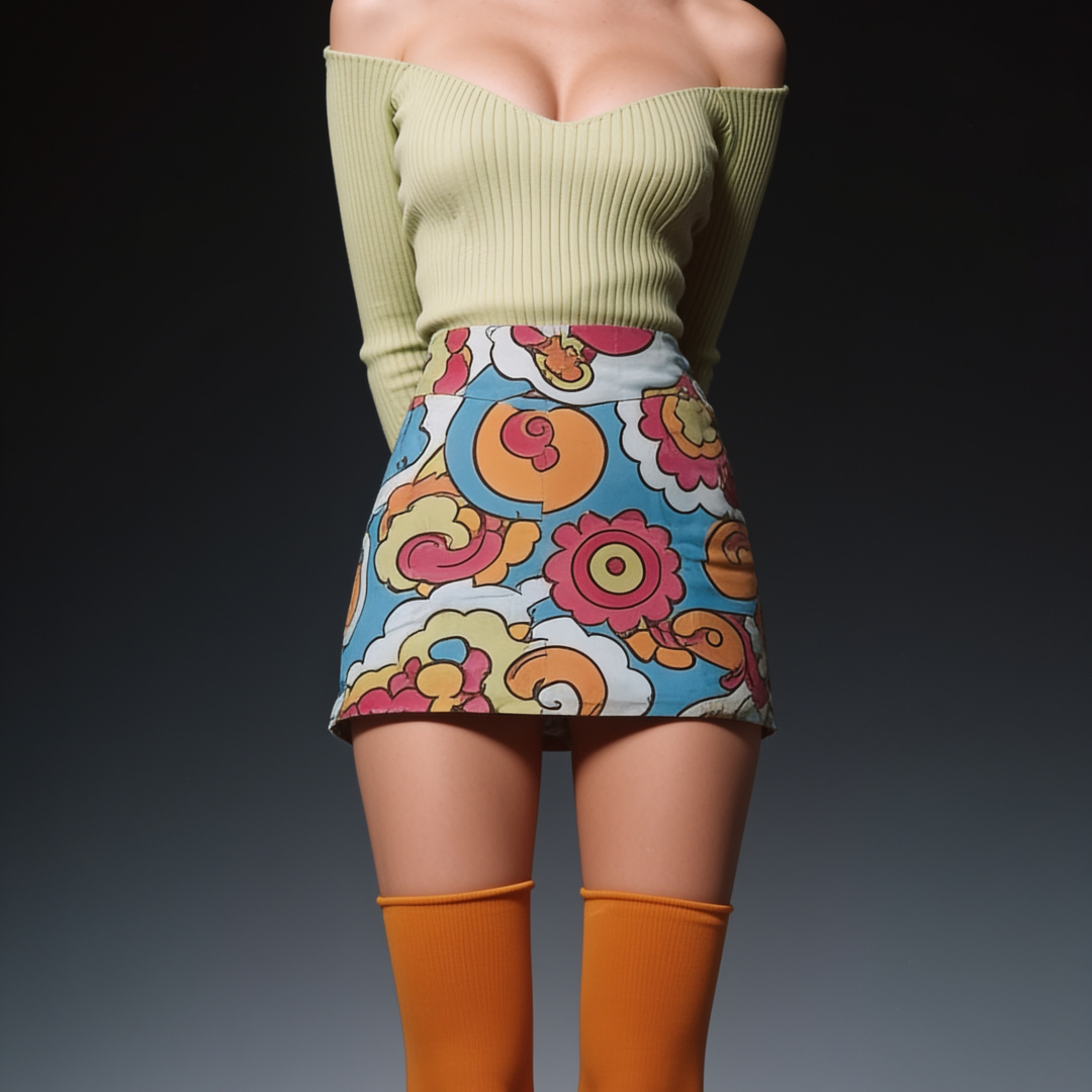 A model wearing a ribbed off-the-shoulder top, a colorful patterned mini skirt, and orange thigh-high socks.
